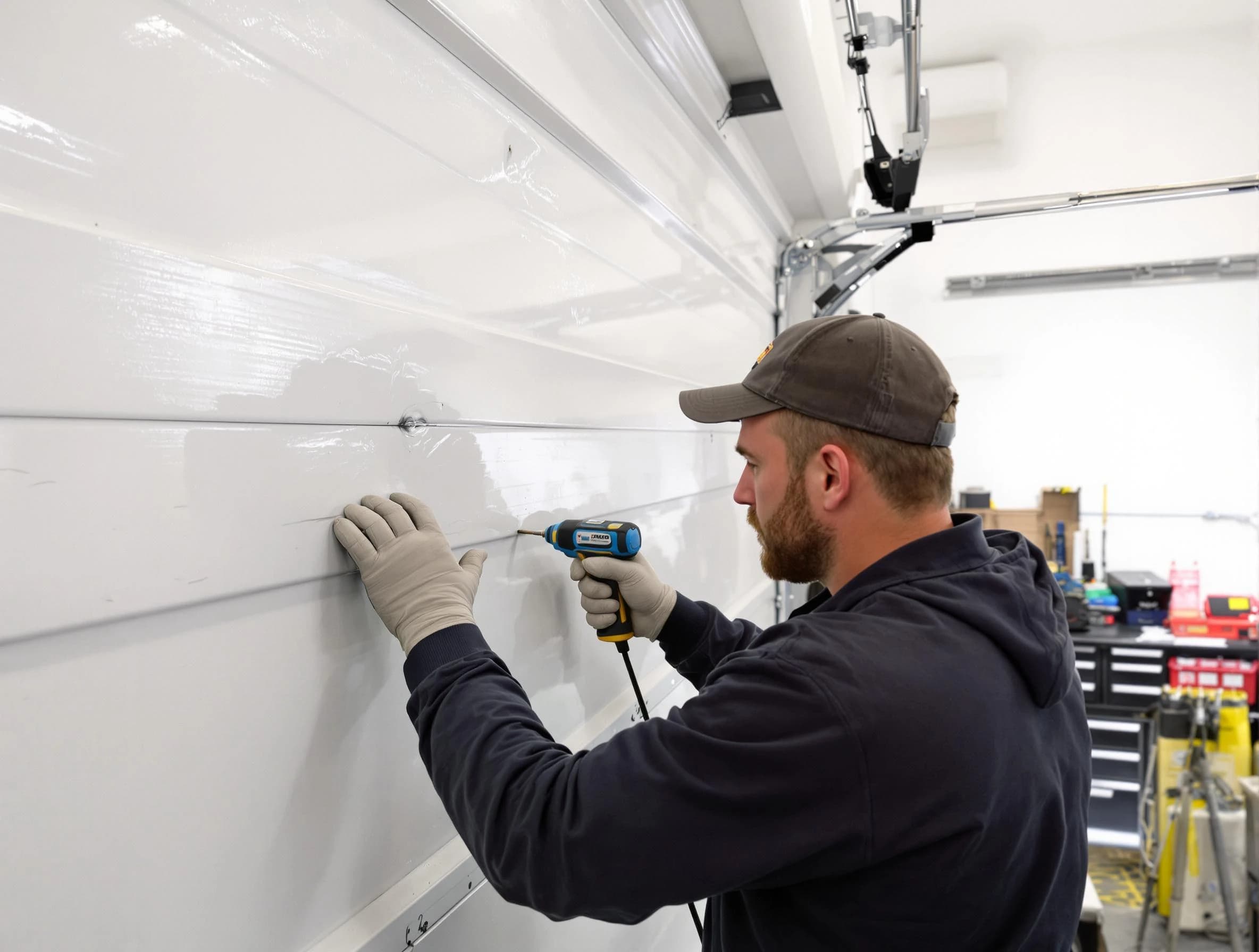 Saratoga Springs Garage Door Repair technician demonstrating precision dent removal techniques on a Saratoga Springs garage door
